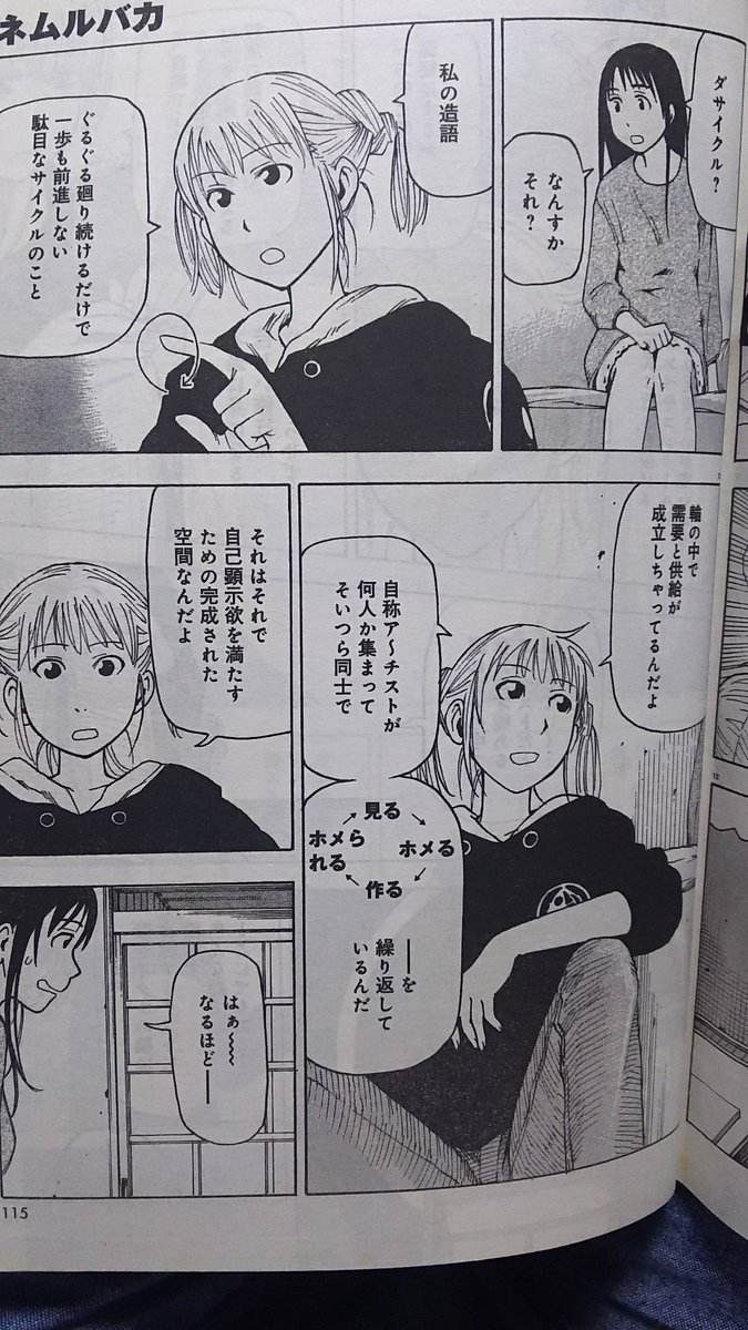 ふむ 主旨は少し違いがあるかと思いますが 駄サイクル といえば コレを思い出しました ネムルバカ 石黒正数 とゆうマンガです 失礼いたしましたm M