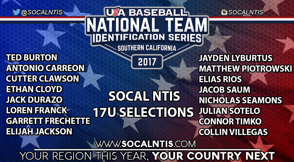 Southwest Region NTIS USA Baseball (@southwestntis) on Twitter photo Congratulations to the 17U players selected to represent Southern CA Region in Cary, North Carolina August 24-27 <a href="/USABaseballNTIS/">USA Baseball NTIS</a> #NTIS17 Congratulations to the 17U players selected to represent Southern CA Region in Cary, North Carolina August 24-27 <a href="/USABaseballNTIS/">USA Baseball NTIS</a> #NTIS17