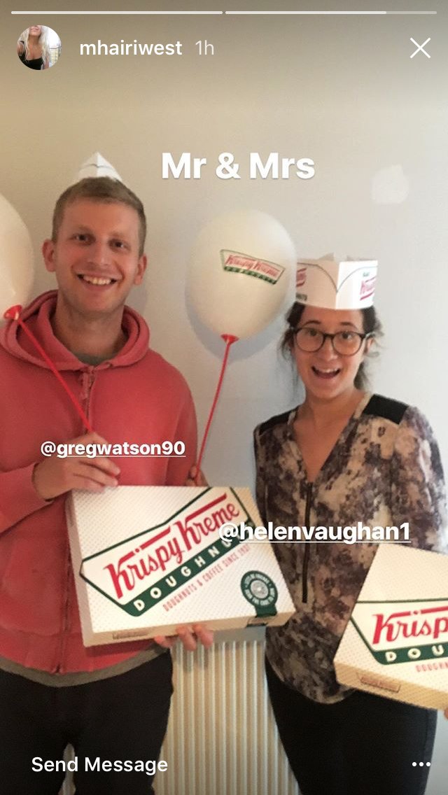 helenvaughan1's tweet photo. @krispykremeUK here's a selfie of my new husband &amp; I receiving our first wedding gift - Krispy Kreme double dozen! #80YearsOfSmiles https://t.co/yMb8XqFrD6