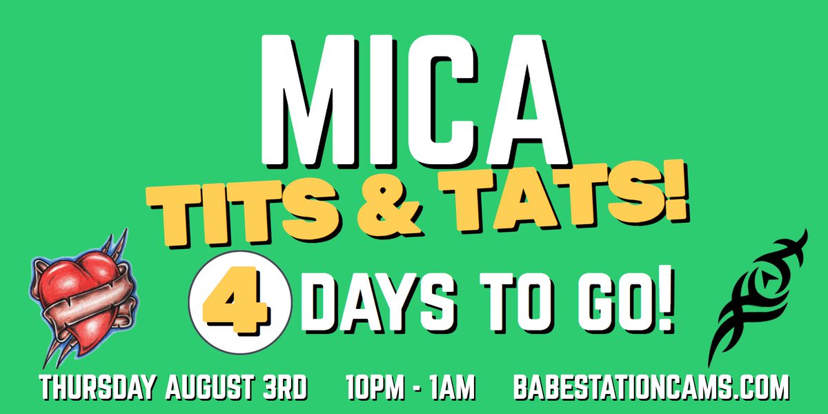 4⃣ Days to go!

...for the Tits &amp; Tats Special Cam Show!

Thursday at 10PM

@Mica_Martinez01 

On https://t.co/QL3uLDpJ7A

🔞🔞🔞 https://t.co/mDGHVQSLOr