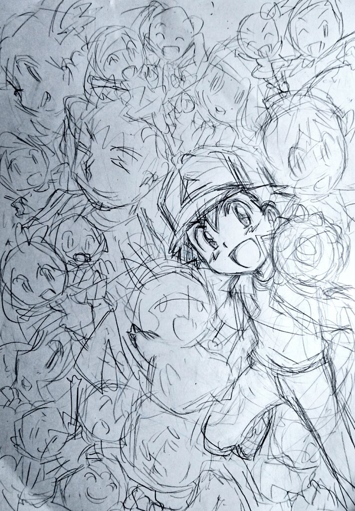 #このタグを見た絵描きさんは下描きまたはラフを晒す 
アニポケ20th絵のラフ→下描き
完成図とは配置やポーズが変わってたりする
このへんの作業はひたすらガリガリざくざく描きこんでしまうので後から線を拾うのが大変… 