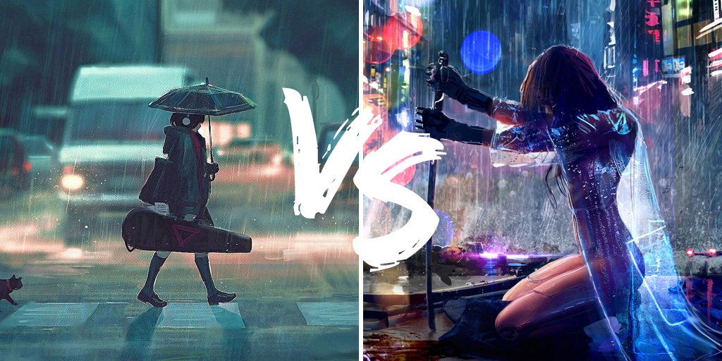 FabimoArt's tweet photo. Which is your favorite? Ours: https://t.co/Zb8ikARupp +++ Art by Guweiz and J. Babinski +++ #rain #japan #artworkbattle #fabimo https://t.co/eK3mnZ9608