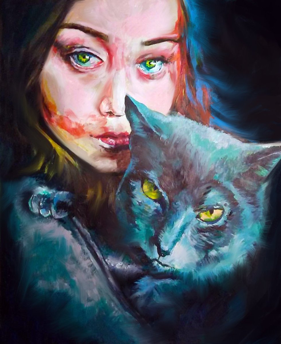 OctaviousGoose's tweet image. I don't think I ever posted this here, but here's a painting I made of my wife and cat!