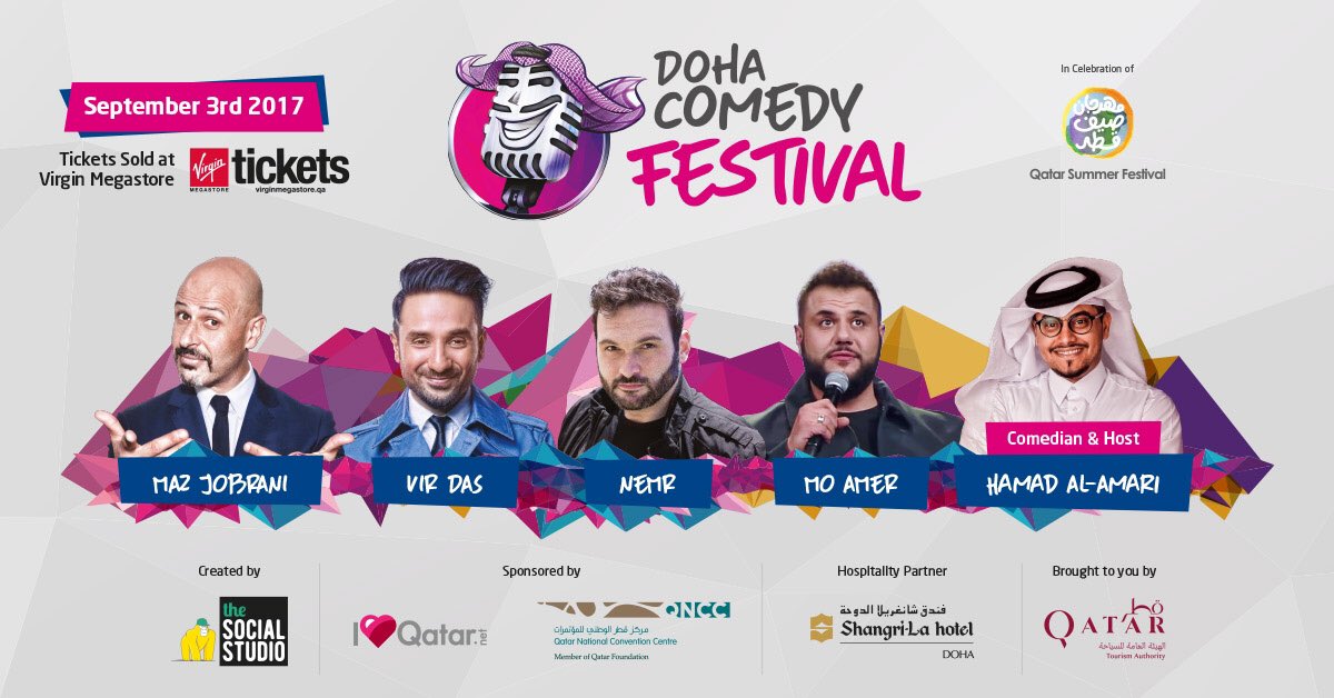 An Iranian, Indian, Lebanese &amp; Palestinian walk onto a stage w/ a Qatari; next thing you know #DohaComedy Festival! tickets.virginmegastore.me/qa/music/5047/…
