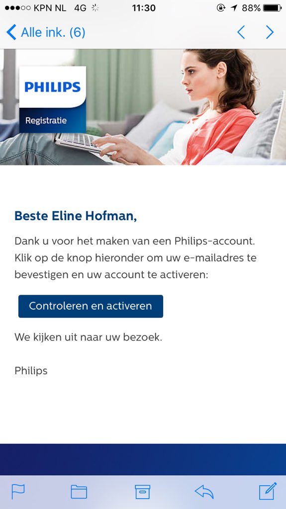 ELINEHOFMAN's tweet photo. @PhilipsCare_NL Op de producten staan https://t.co/GAWjUVGEnb => nieuw mijn Philips account => krijg ik mail click "controleren en activeren" =>loopt vast https://t.co/MTgK11ElfC
