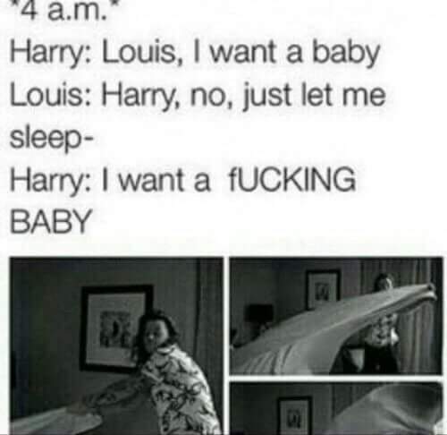 ^Sabahın 4ü^
Harry:Louis,bebek istiyorum
Louis:Harry,hayır,uyumama izin ver
Harry:Bebek istiyorum!