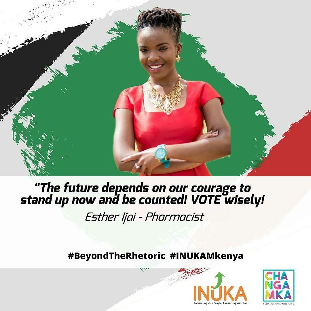 InukaLeadership's tweet photo. "The future depends on our courage to stand up now and be cointed. VOTE wisely" ~ @IjaiEsther - Pharmacist #BeyondTheRhetoric #INUKAMkenya https://t.co/J2IYCbG3m5