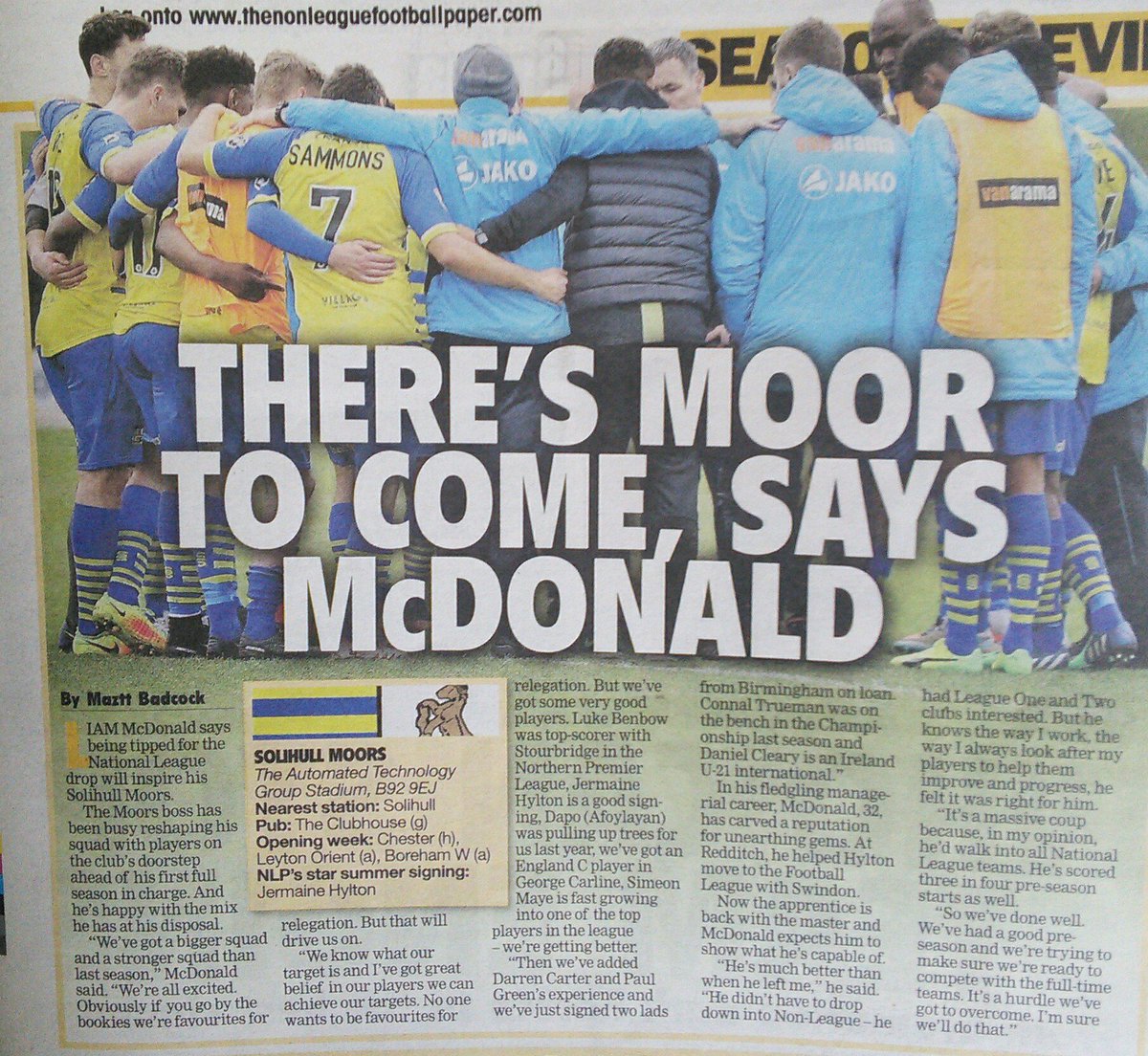 MoorsFans's tweet photo. Preview of @SolihullMoors in today's @NonLeaguePaper ahead of the start of the new @TheNationalLge season next Saturday 👍💙💛 #COYM https://t.co/qp95WXdP69