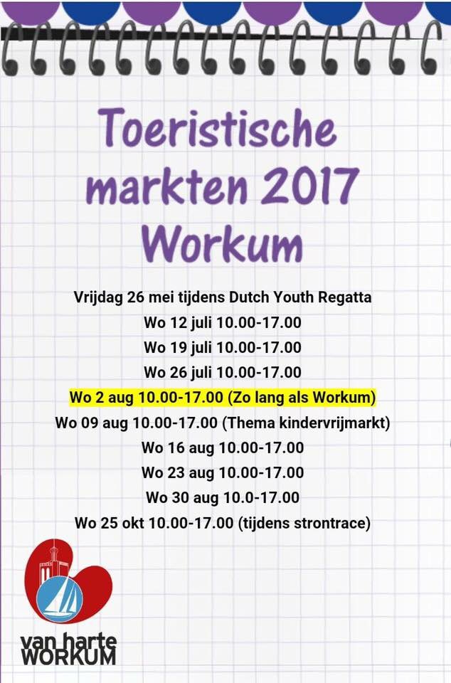 woensdag  2 aug 10.00-17.00 uur 
 "Markt zolang als Workum" http://#markten #workum <a href="/WelkominWorkum/">Welkom in Workum</a> <a href="/WorkumNL/">Workum.nl</a> <a href="/CampingItSoal/">Camping It Soal</a> PLEASE RT