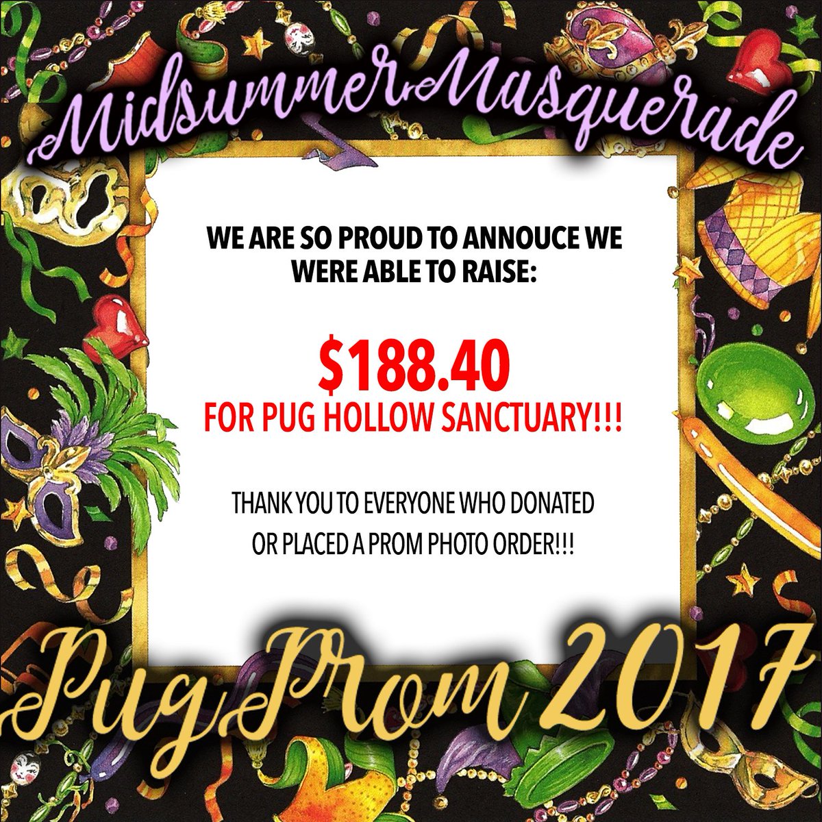 WinstonPuddles's tweet photo. ๐๐We are so proud to announce that we were able to raise $188.40 for Pug Hollow Sanctuary @PugHollow from #PugProm2017. Thank you all!!! ๐๐ https://t.co/YszSpx8yiC