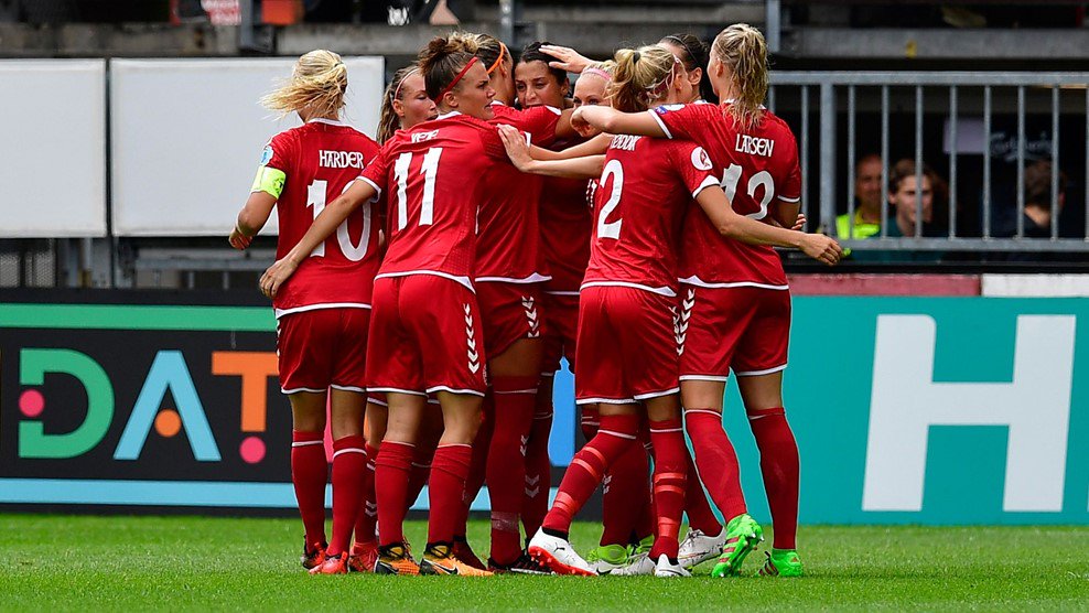 FIFAWWC's tweet photo. DENMARK STUN HOLDERS!
Germany's bid for 7 successive European crowns is over. 
The Danes are in the semis! #WEURO2017 #GERDEN 
🇩🇰🇩🇪🏆🙌 https://t.co/cHUKaiG5JI