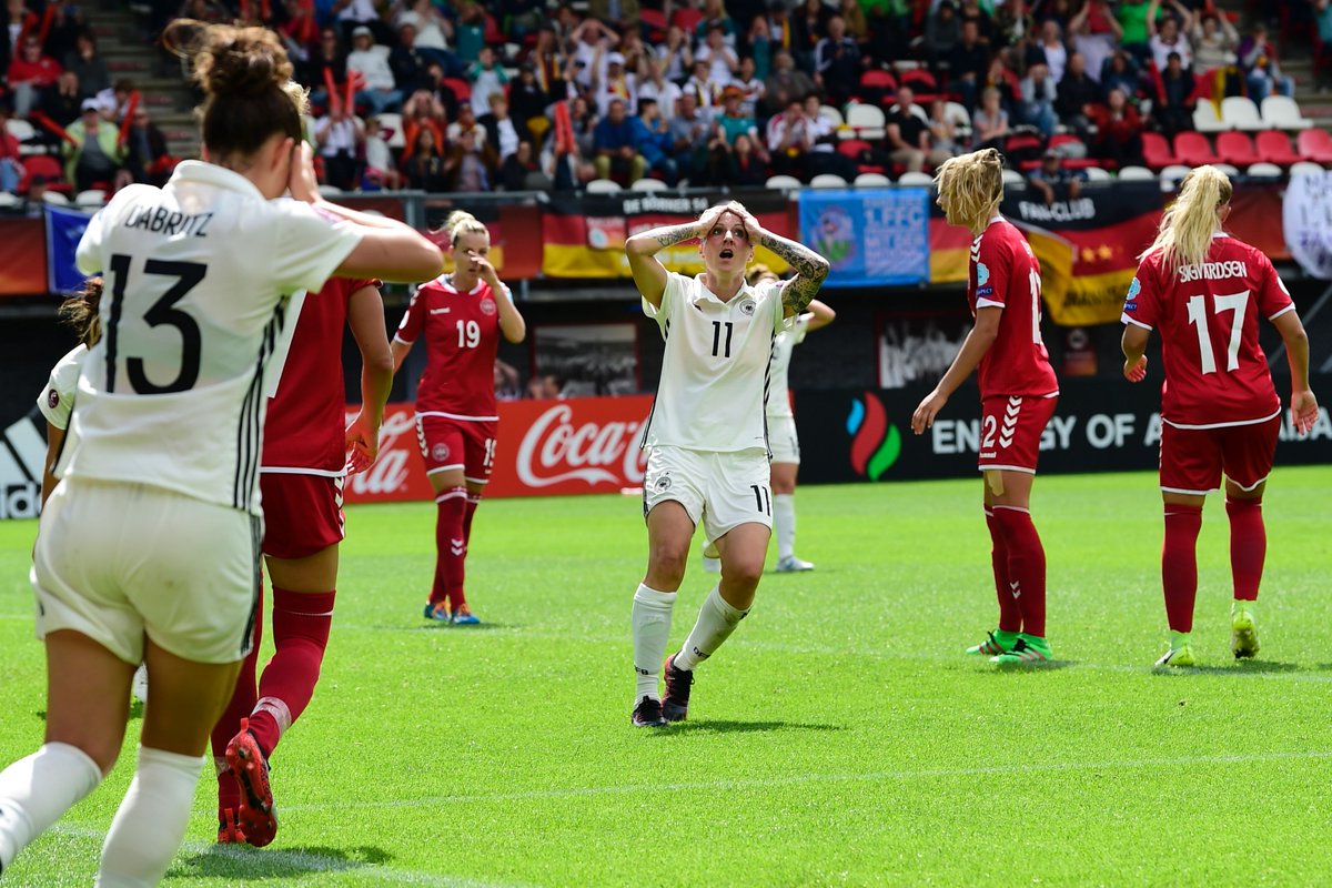 FIFAWWC's tweet photo. DENMARK STUN HOLDERS!
Germany's bid for 7 successive European crowns is over. 
The Danes are in the semis! #WEURO2017 #GERDEN 
🇩🇰🇩🇪🏆🙌 https://t.co/cHUKaiG5JI
