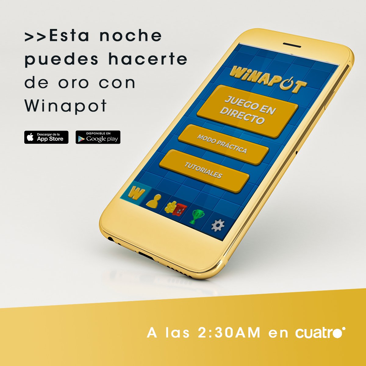 WinazarGames's tweet photo. 📱✨¡HOY puedes hacerte de ORO con tu móvil! Esta noche a las 2:30AM nos vemos en #Winapot. ¿Preparados jugadores? 💪💰 https://t.co/Nv4O3gbHM2
