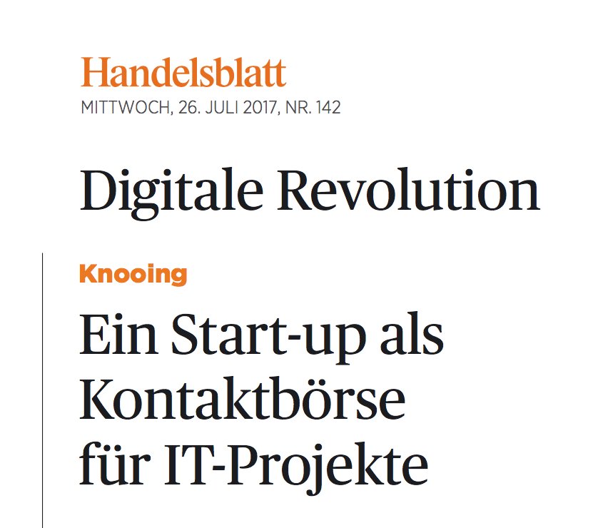 knooing's tweet photo. knooing im Handelsblatt – ein Artikel über „Die Partnerbörse für IT-Projekte - knooing“. https://t.co/b8BRAsgKMs https://t.co/pVh7c9D9F5
