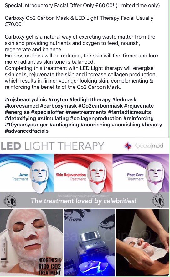 MJsBeautyClinic's tweet photo. Introductory Carboxy Co2 Carbon Mask &amp; LED Therapy Facial 
#Royton #mjsbeautyclinic #ledlighttherapy #ledmask #advancedfacials #caboxymask https://t.co/WwvjkfcAqL