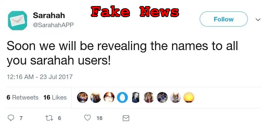 LeadStoriesCom's tweet photo. Fake News: Sarahah Will NOT Reveal The Names Of The People Who Sent Messages
https://t.co/VmcD2GfrLL
#hoax #fakenews #sarahah #snapchat https://t.co/He1gOu6PyA