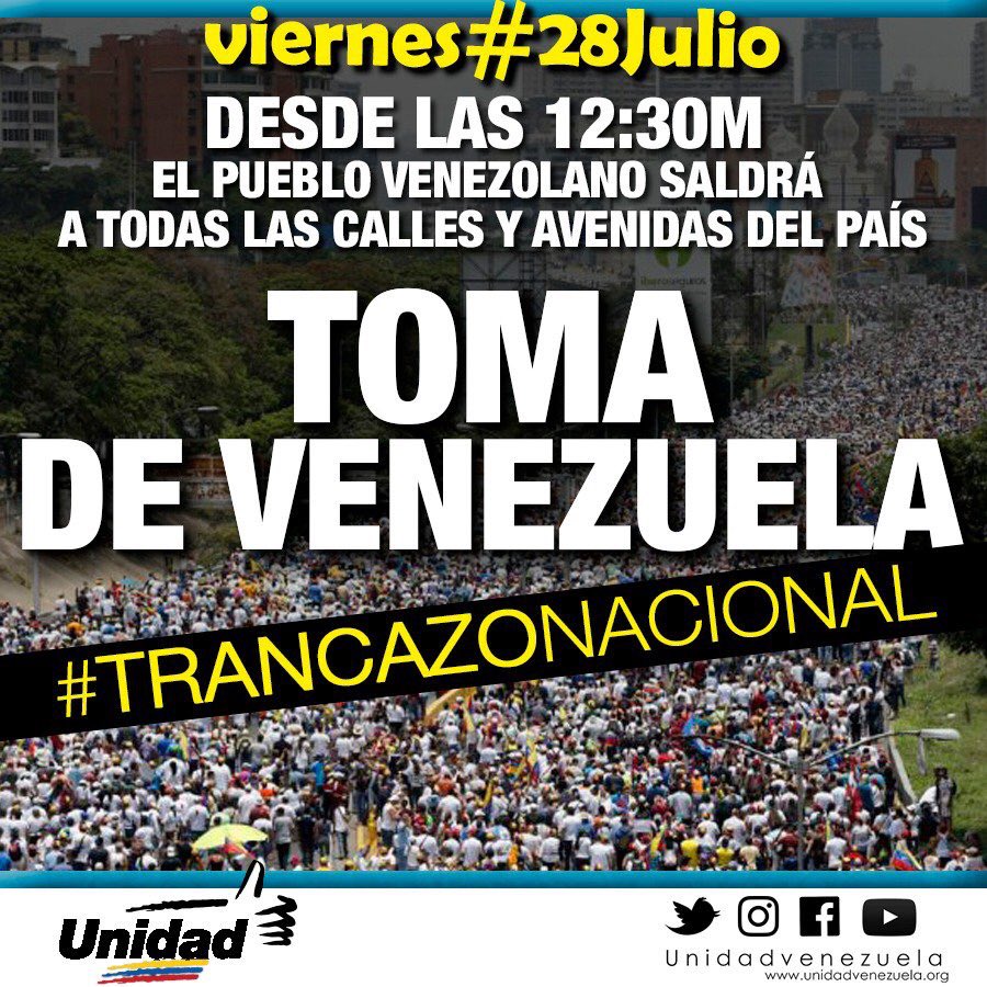 HernanUnidad's tweet photo. ¡Buen día Venezuela! Culminó el #ParoCivico y ahora vamos a la  #TomaDeVenezuela en un gran #TrancazoNacional hoy #28jul. https://t.co/nNOlUwt1yn