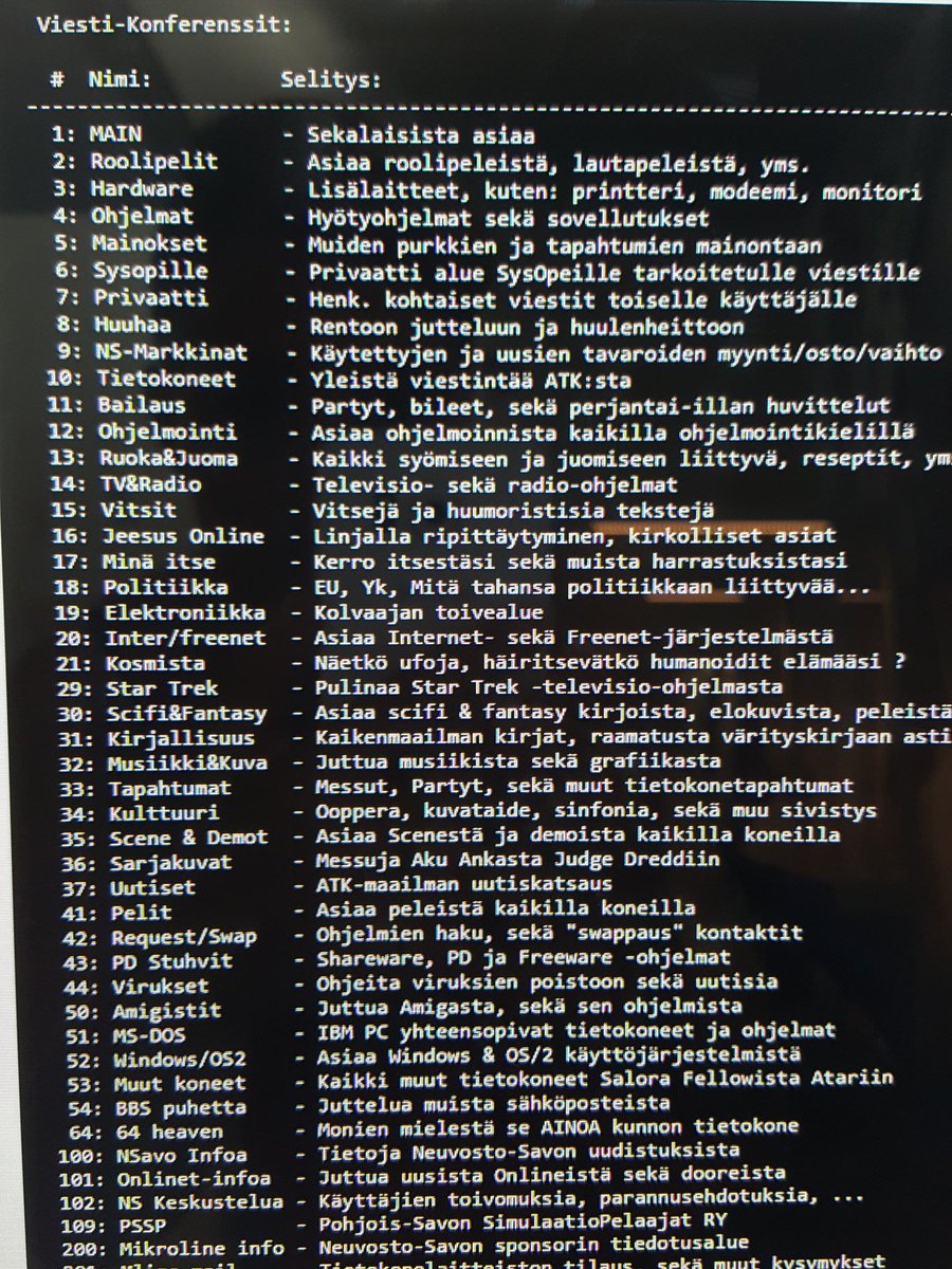 MinnaEmMa's tweet image. BBS-purkki Ylä-Savon tyyliin. Keskustelupalstat 16 ja 18. #MustHave #parasta #PreInternet @Tekniikanmuseo