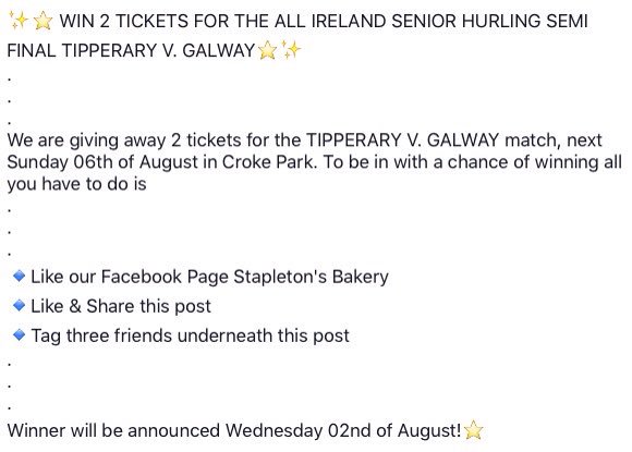 FACEBOOK COMPETITION - ⭐️ WIN 2 TICKETS TO ALL IRELAND SENIOR HURLING SEMI FINAL TIPPERARY V. GALWAY IN CROKE PARK ⭐️