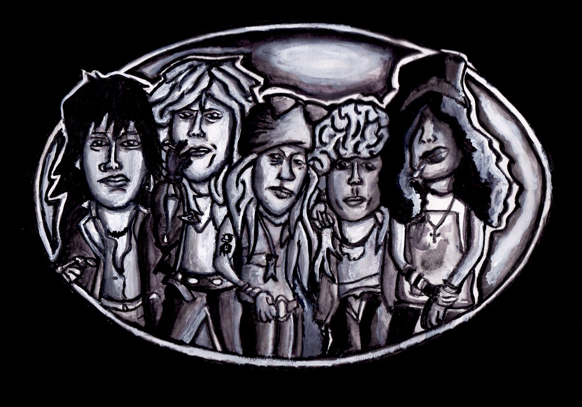 svenbakker's tweet photo. My 2nd attempt with #watercolour in 2015. #beltbuckle #gunsnroses #Slash #AxlRose #IzzyStradlin #StevenAlder #DuffMcKagan #cartoon #drawing https://t.co/oPuSlehhY3