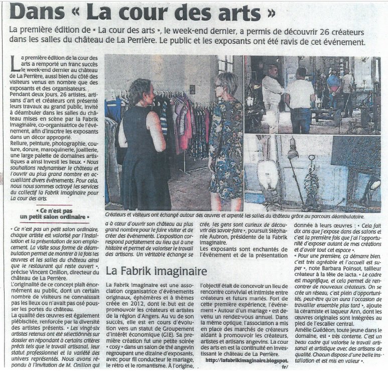 Avez-vous lu l'article de <a href="/courrierouest/">Le Courrier de l'Ouest</a> <a href="/ofangers49/">Ouest-France Angers</a> <a href="/OuestFrance/">Ouest-France</a>  <a href="/OuestFrance49/">Ouest-France 49</a> sur la cour des arts au <a href="/ChateauPerriere/">ChateauDeLaPerrière</a>? Bonne lecture📖