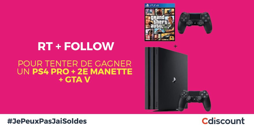 Cdiscount's tweet photo. 🎁 #Concours

🎮 #PS4Pro + 2e manette + #GTAV à gagner ➝ https://t.co/U9aLyacebS

🚀 Pour participer : 
RT + Follow @Cdiscount

🏁 TAS 03/08 https://t.co/tRuCglNvZc