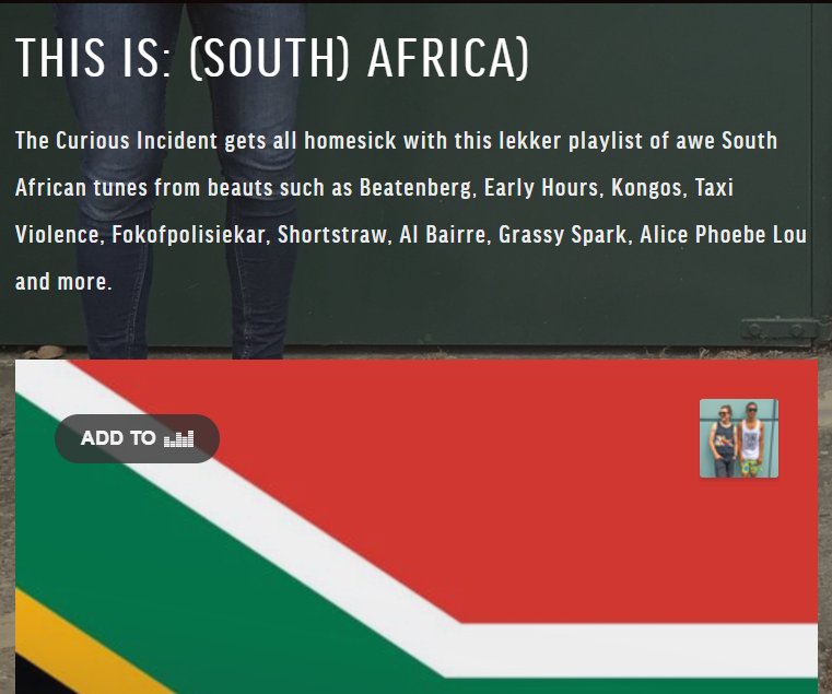 "This is: (South) Africa" Playlist is up now! bit.ly/curiousplaylist 
<a href="/Spotify/">Spotify</a> <a href="/Deezer/">Deezer</a> <a href="/soundsgood/">Soundsgood</a> #FridayFeeling #NewMusicFriday