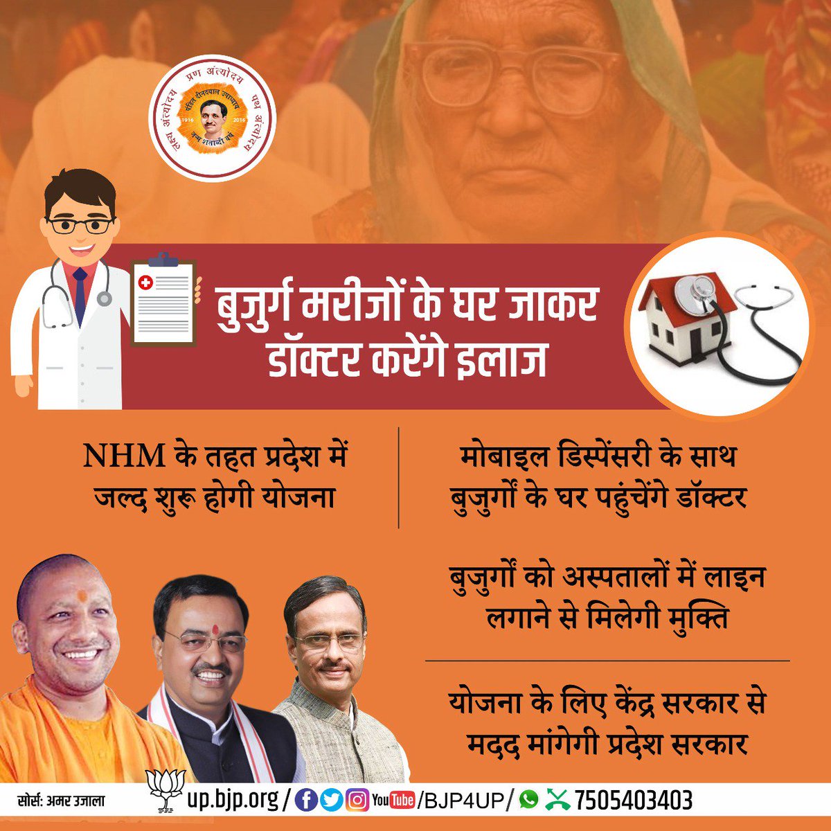 BJP4UP's tweet photo. बुजुर्ग मरीजों के घर जाकर डॉक्टर करेंगे इलाज, योजना के लिए केंद्र सरकार से मदद मांगेगी प्रदेश सरकार https://t.co/3hef3VpKR5
