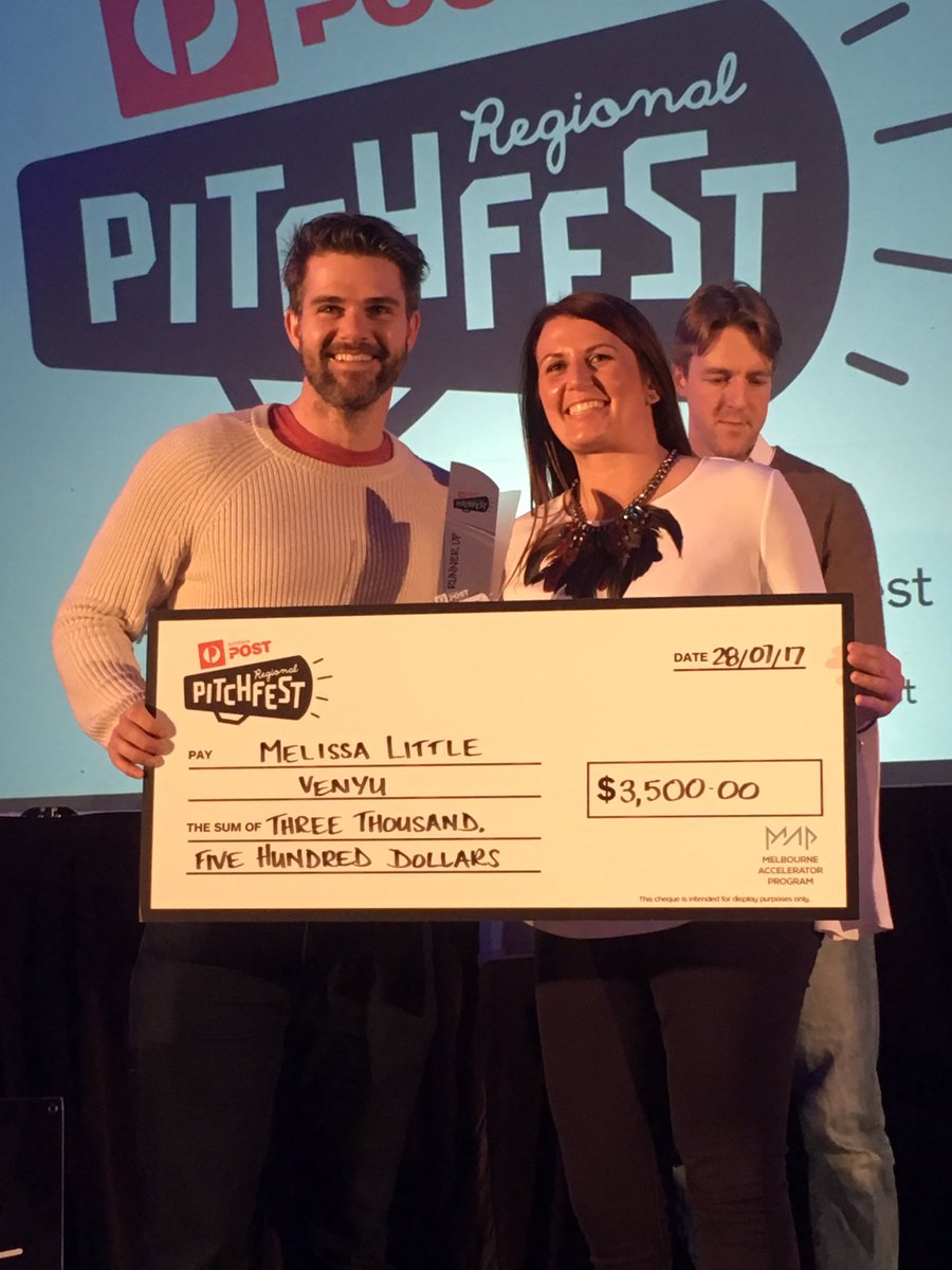 rebburrows's tweet photo. Congrats to SA runner up Venyu! You know your market and you're ready to go! Look fwd to your success :-) @pitchregional @AusPostBiz https://t.co/ZqFdCFGWFj