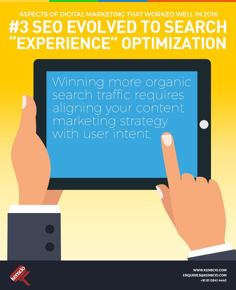 kenscio's tweet photo. #DigitalMarketingLearnings from 2016: The 3rd #DigitalMarketing aspect  that worked well is '#SEO evolved to #SearchEXPERIENCEOptimization'. https://t.co/yfGief2xuf