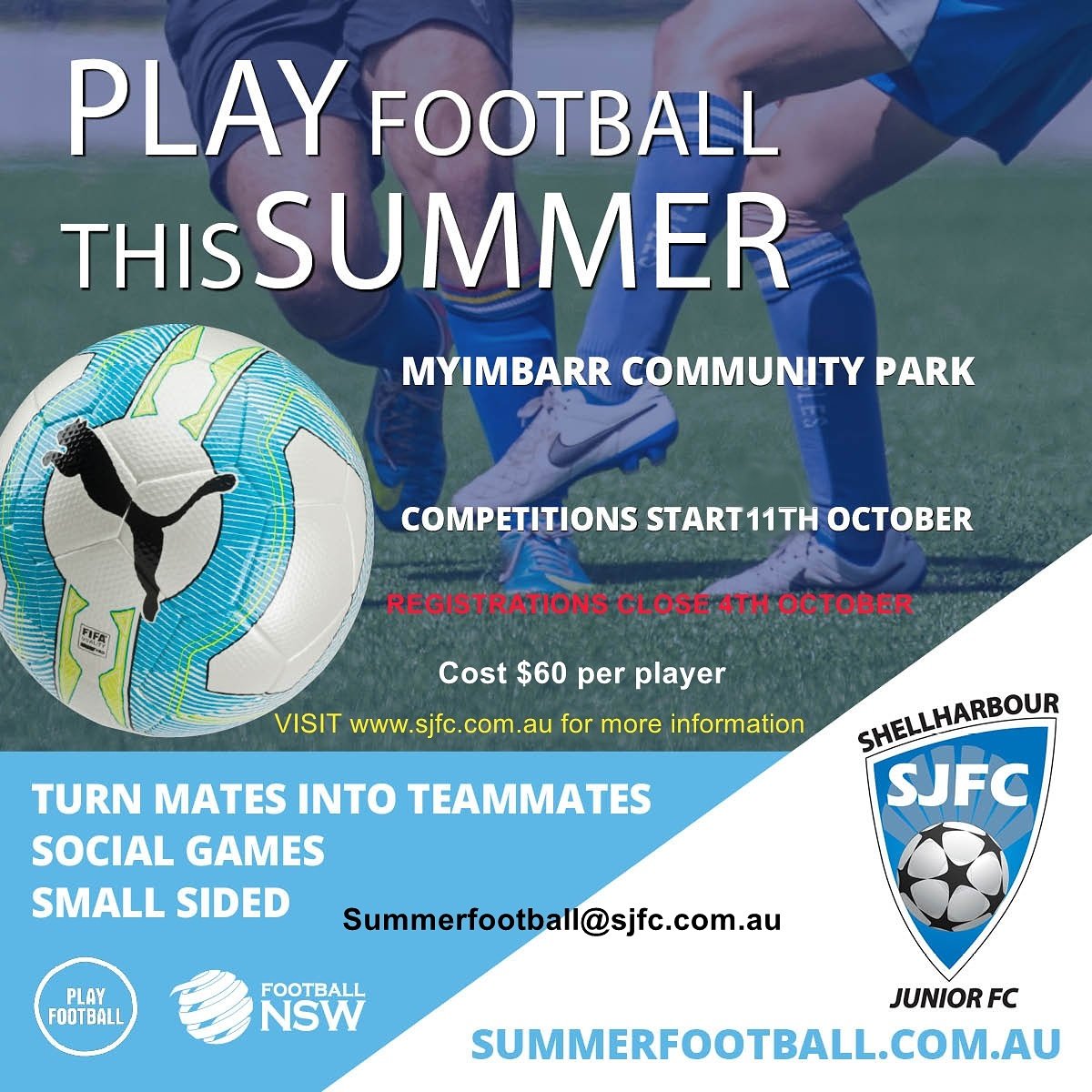<a href="/shellharbourJFC/">ShellharbourJFC</a> summer football is here. To register head to sjfc.com.au/summer-football 
#shellharbourJFC