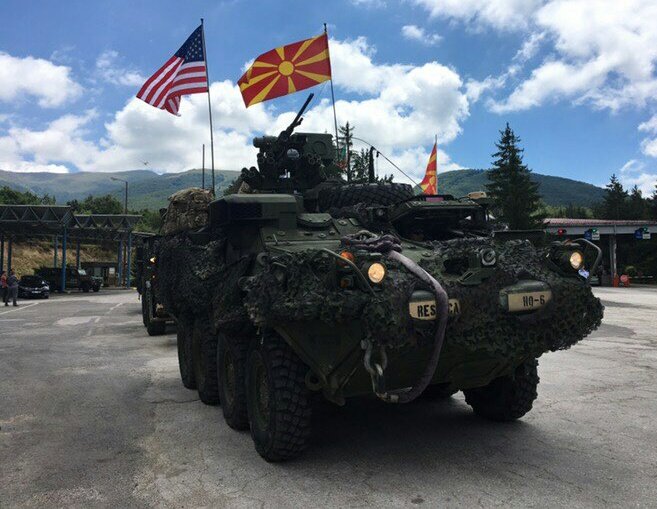 Defence_MKD's tweet photo. First @USArmyEurope vehicles as part of the joined exercise with #Macedonia #Army entered #MKD at Deve Bair border crossing #DragoonGuardian https://t.co/60EDGTHmbY