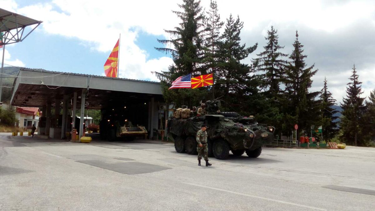 Defence_MKD's tweet photo. First @USArmyEurope vehicles as part of the joined exercise with #Macedonia #Army entered #MKD at Deve Bair border crossing #DragoonGuardian https://t.co/60EDGTHmbY