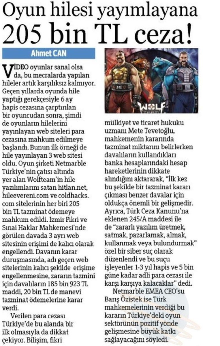 DenovePR's tweet photo. @ahmetcan kaleminden oyun hilesi satanlara verilen cezanın detayları Hürriyet'te @NetmarbleTurkey @bozistek @NetmarbleEMEA @WolfteamTurkiye https://t.co/xLZpfdzviz