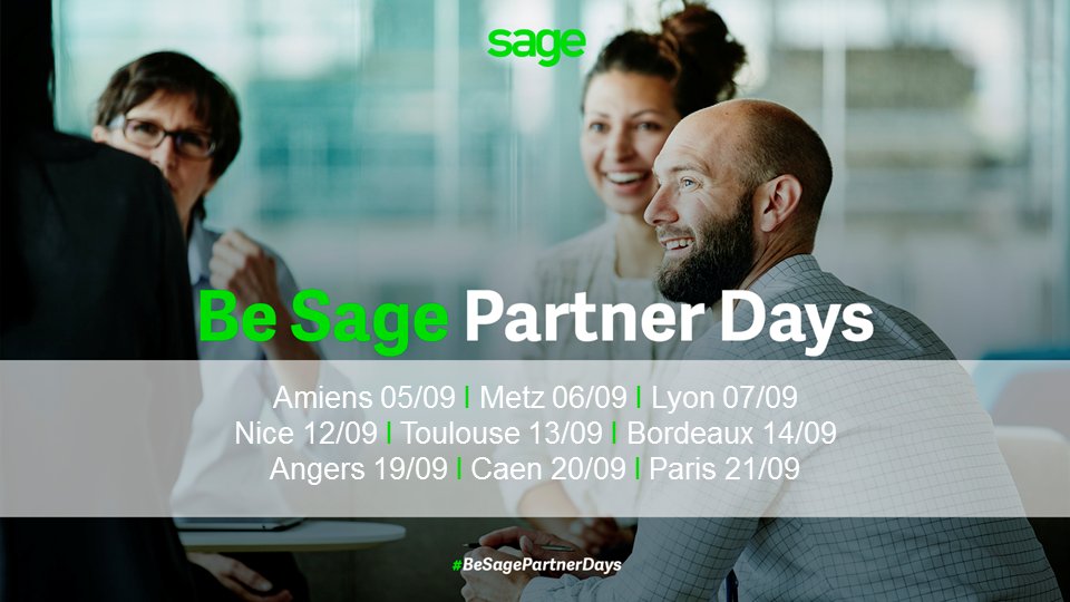 NicoMellin's tweet photo. Les #BeSagePartnerDays reviennent à la rentrée ! 9 dates partout en France !!! @SageFrance Merci @Frederique_FP ... #RejoignezNous #TPE #PME https://t.co/IIsY9QgGdY