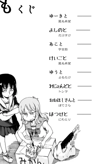 今回はだぶすけさん、宇吉郎さん、よるたけさん、トシヲさん、ぽてさらさん、にわとりさん(掲載順)にお手伝いいただきました。
また、ゆずはさんに特典ポストカードを描いていただきました。
画像は参加者様とキャラクターとがかかれたもくじです 