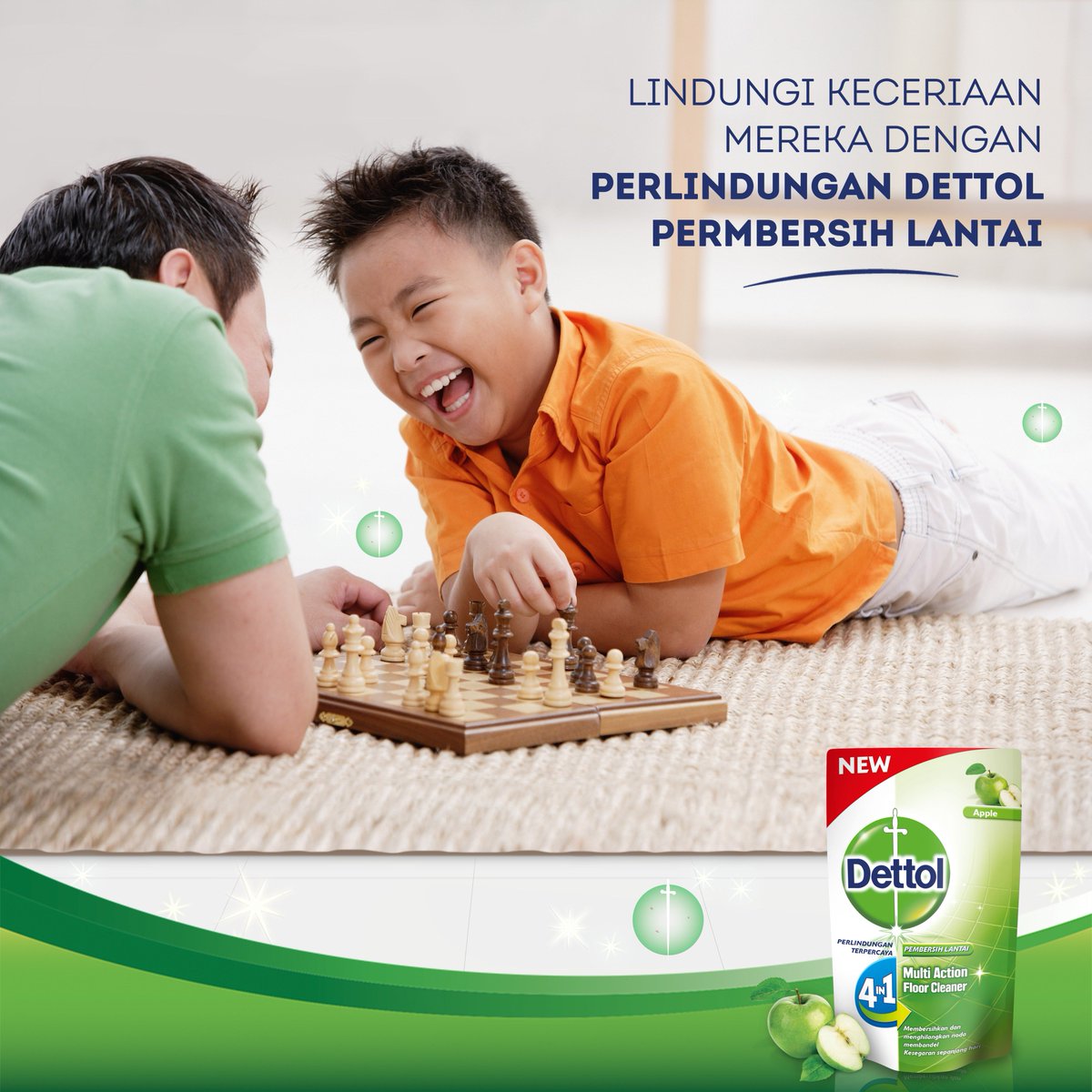 Jaga selalu kebersihan lantai rumah dengan Dettol Floor Cleaner. Lantai bebas kuman, keluarga pun ceria. RT jika sudah pakai!