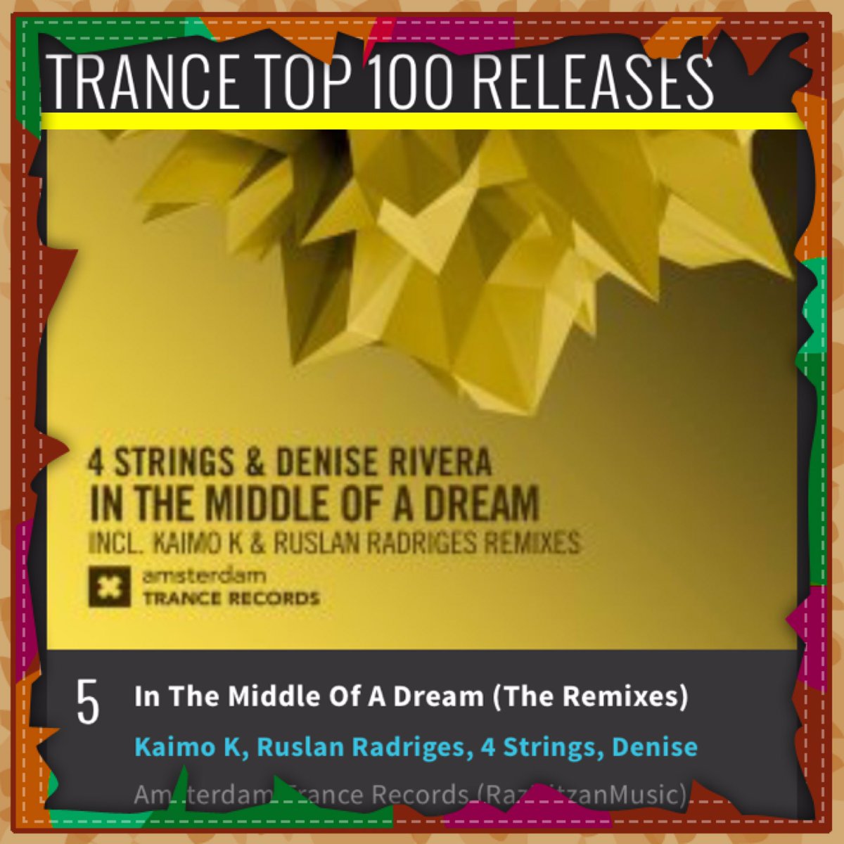 DeniseRivera's tweet photo. Now #5 on Trance Top 100 releases on @beatport! #inthemiddleofadream @AmsterdamTrance @RazNitzan @Ruslan_Radriges @KaimoK @4Stringsmusic ππΆ https://t.co/BbKe4EbDjn
