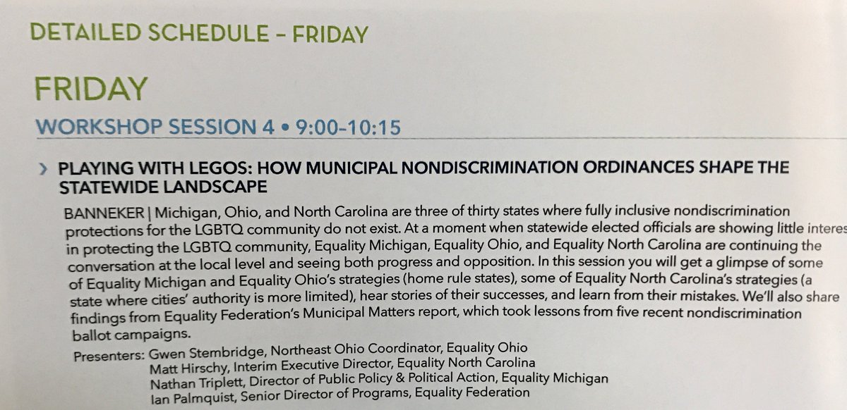 NathanTriplett's tweet photo. Hey, #eqfed17! Come join @Equality_MI, @EqualityOhio, and @equalitync for a discussion of muni nondiscrimination ord substance and strategy. https://t.co/HxkO567uPS