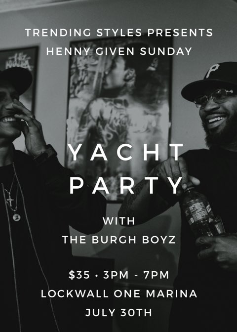 its_spillz's tweet photo. This Sunday we partying on a Yacht from 3-7PM

Come party with @TheBurghBoyz &amp; @StylesOnCarson
#HennyGivenSunday 🛥

https://t.co/sVAmW1sX3X https://t.co/NhBTk5Iqrh