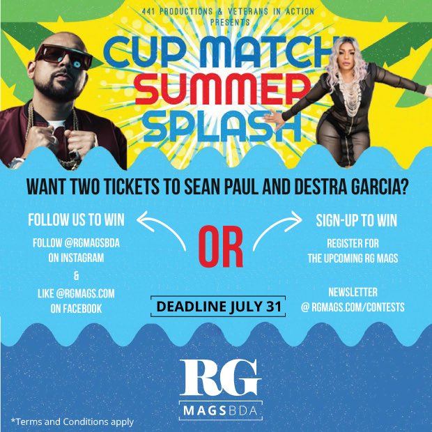 rgmagsbda's tweet photo. Give away time! Win two tickets to see Sean Paul &amp; Destra Garcia live on Aug 3rd! 
Details below:
#rgmags #rgsummer #cupmatchsummersplash https://t.co/BhyGpxruAX