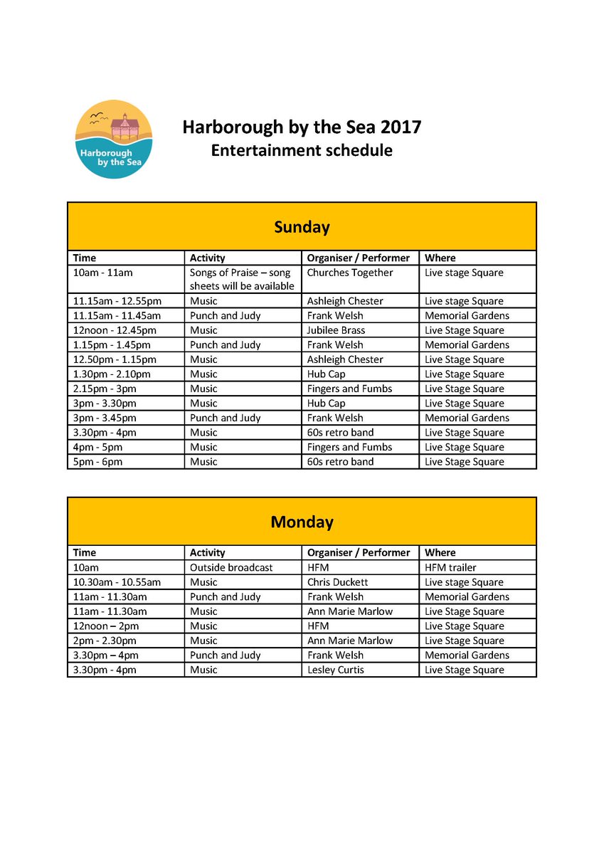 #Harborough by the Sea starts tonight (Fri) at 5pm and here are entertainment schedules for each day. (Sandpits open 10am tomorrow - Sat)