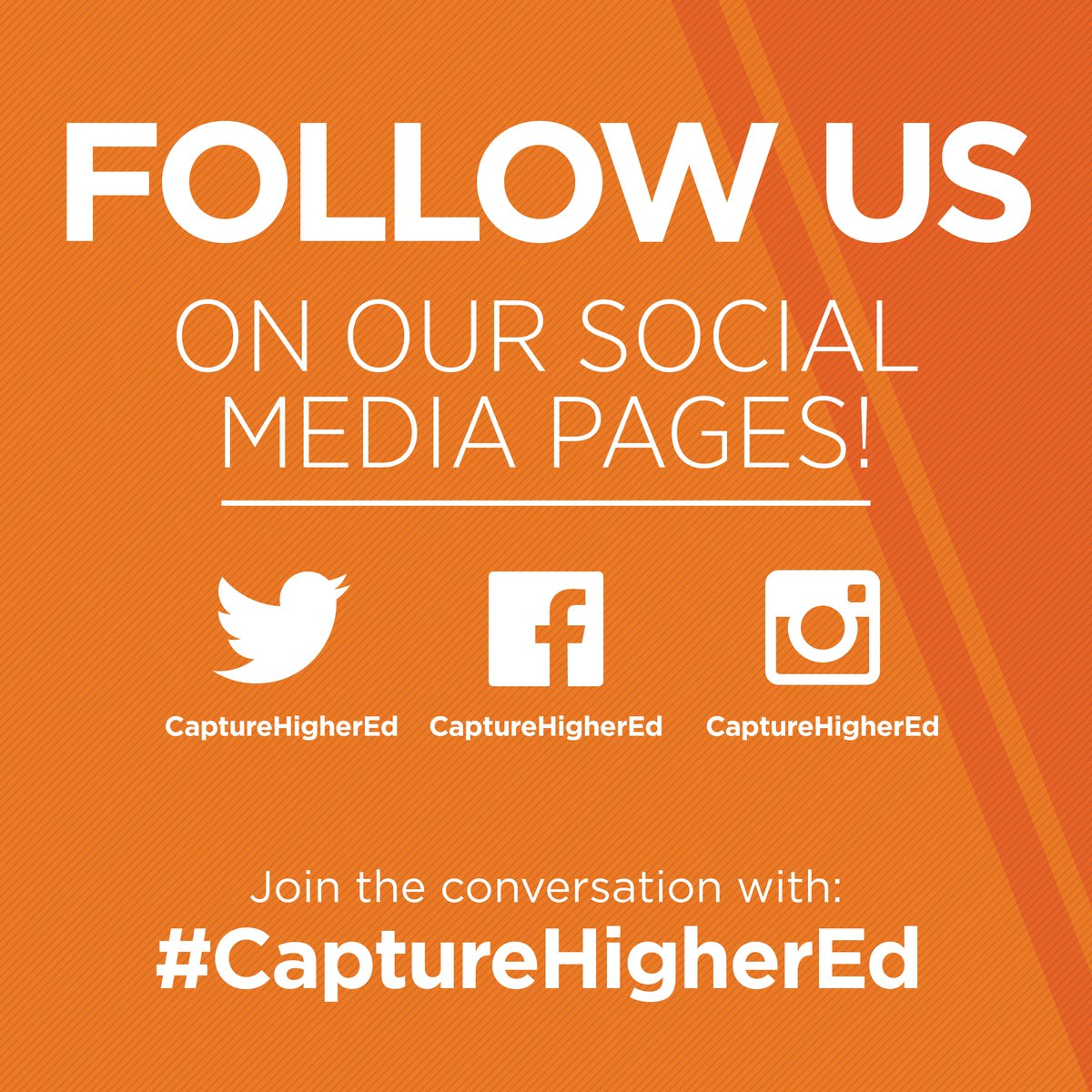 CaptureHigherEd's tweet photo. Hey...are you following us? We hope so! Get info on our products, demos, blogs and more! #capturehighered #social #highered #marketing #data https://t.co/cTLWoo2M3f