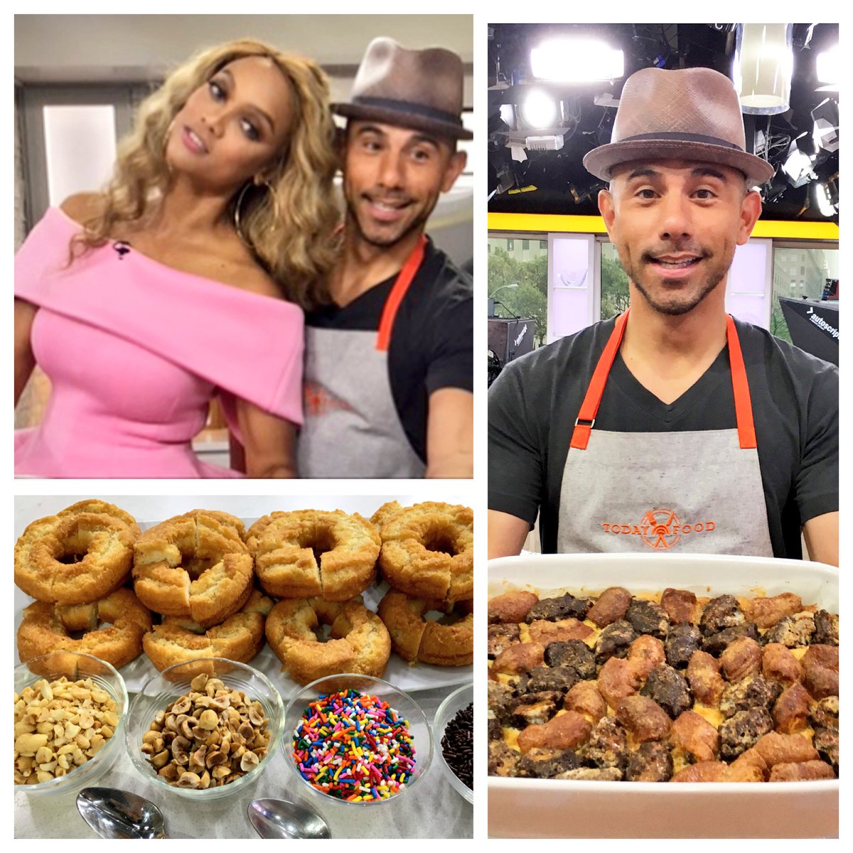 BillyDec's tweet photo. Ms @TyraBanks (work'n it!) &amp; I LIVE on @NBC @TODAYShow making @Rockit #DoubleDoughnutBreadPudding w #IceCream #Sprinkles #Nutella #Love.. RT https://t.co/Oy9rTAWQoZ