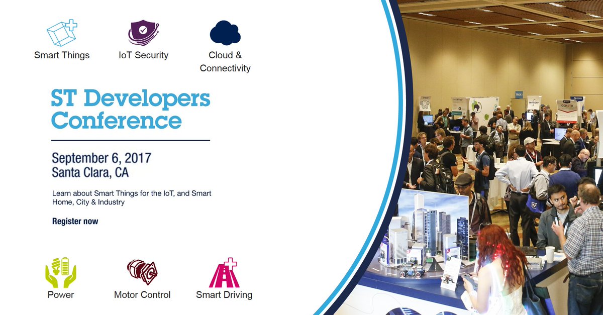 ST_World's tweet photo. Learn how #MCUs, #MEMS, #TimeOfLight sensors, #NFC and #BLE are shaping the future. Come to #stdevcon2017 https://t.co/RhGAXwD4Li https://t.co/EwY91uwXxP