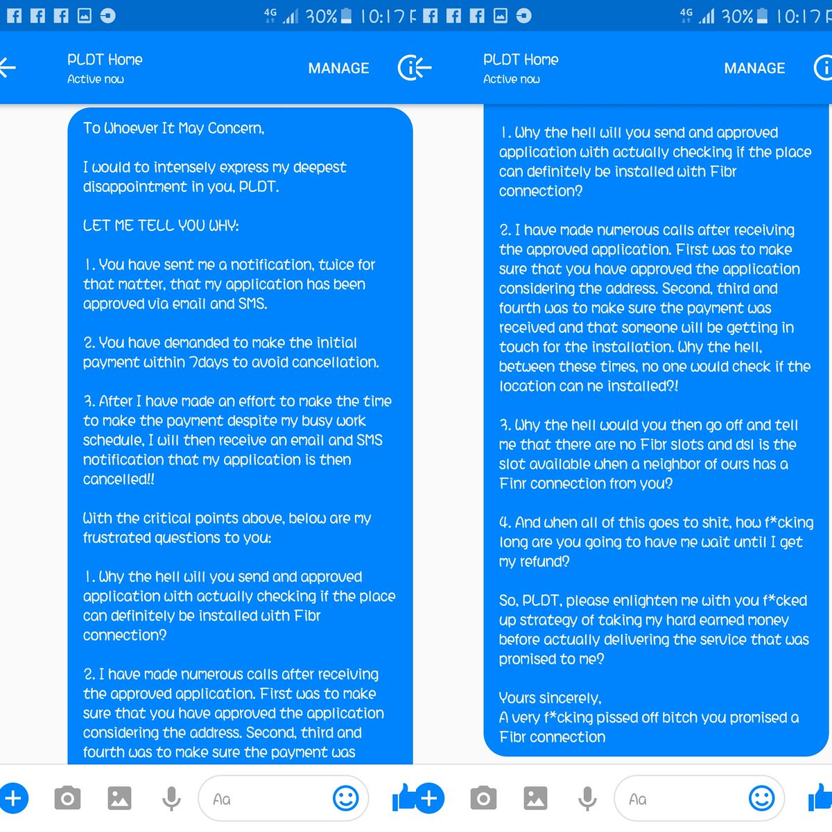 mrashora02's tweet photo. Hi @PLDTHome - Thank you sincerely for scamming me. Damn you, with feelings. I demand this sorted out soon before you victimize another. https://t.co/GPnpOPxqC9