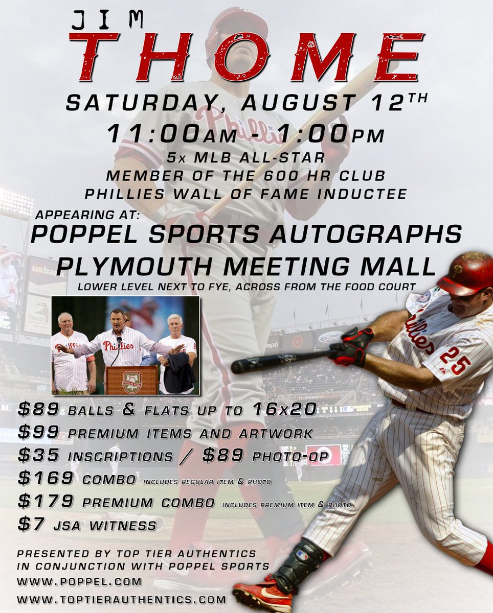 TTAPhilly's tweet photo. Jim Thome Public Signing tix going extremely fast for Aug 12 Plymouth Meeting Mall!  Gets yours at https://t.co/CrblJgvv8q @realPhillyink https://t.co/Hf6ELkIu4M