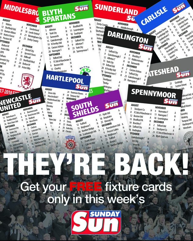 SundaySunSport's tweet photo. FIXTURE CARDS are back this week  #NUFC #SAFC #Boro @GatesheadFC @Blyth_Spartans @Official_HUFC @SouthShieldsFC #CUFC @Official_Darlo https://t.co/sP70jEtegH