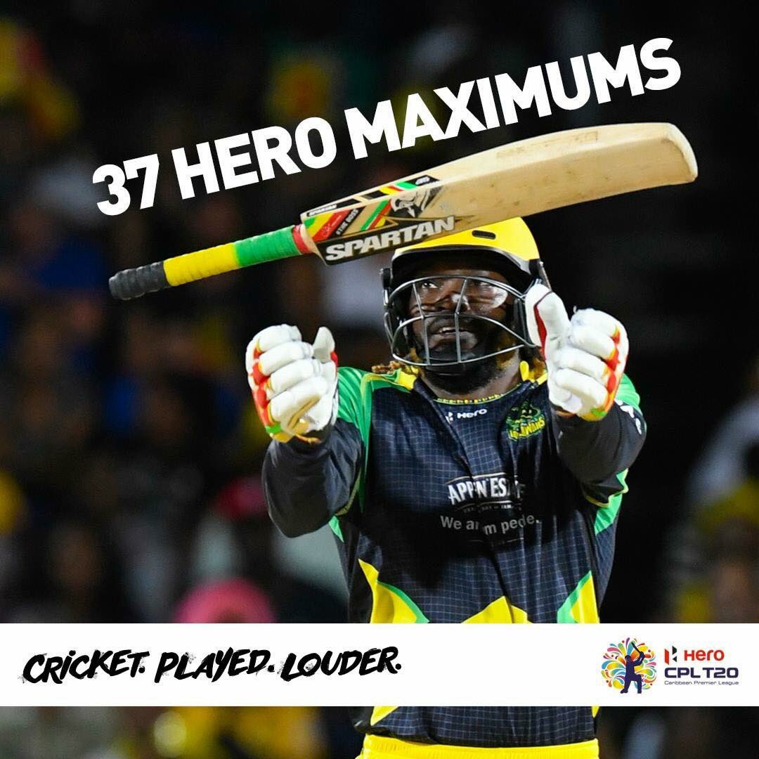 CPL's tweet photo. 37 HERO MAXIMUMS were scored by the universe boss Chris Gayle at #CPL16!!! Who do you think could beat his total at #CPL17??? https://t.co/yANqws16i7