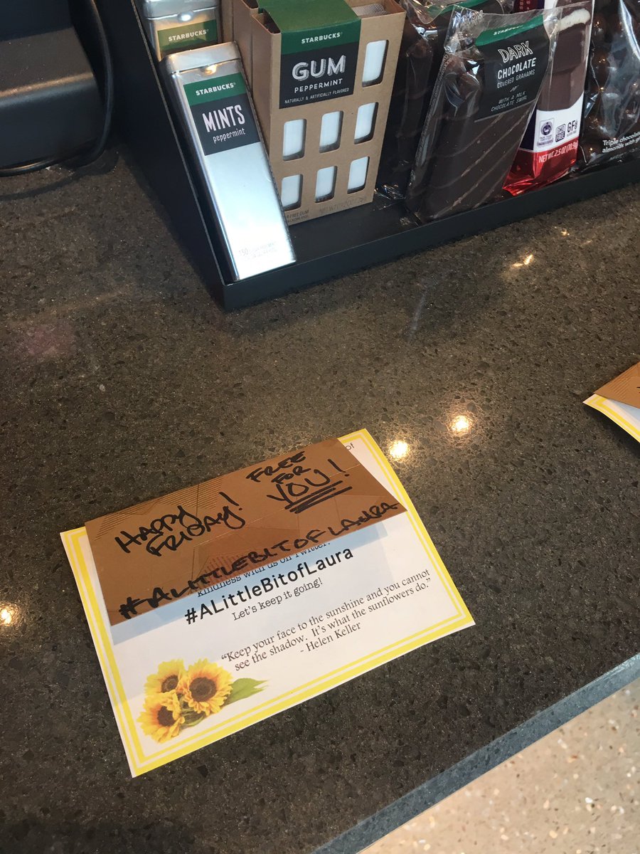 theBshake's tweet photo. Spreading some sunshine with Friday morning coffee for whoever comes in after me @Starbucks #ALittleBitofLaura 🌻💛☕️ https://t.co/ZlZFnj2Msk